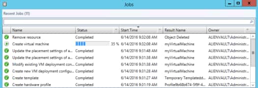Jobs window: view process for creating the virtual machine