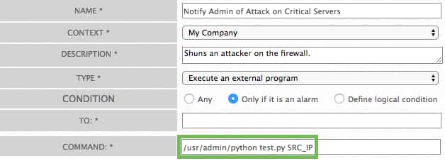New Actions window with Type list highlighted.